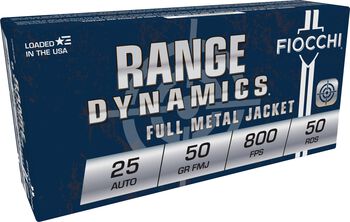 Range Dynamics Handgun, 25 Auto, 50 Grain, Full Metal Jacket, 800 fps