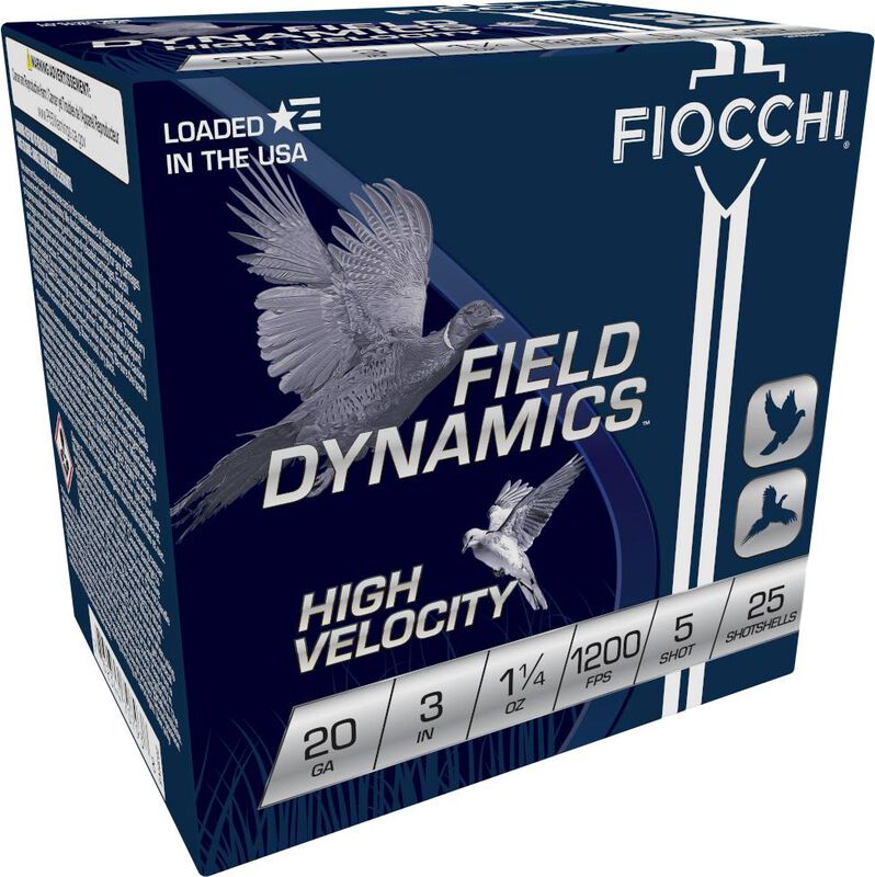 Field Dynamics High Velocity, 20 Gauge, 5 Shot, 3 in, 1 1/4 oz, 1200 fps 20 Gauge Ammo - 25 Shells of #5 Shot Ammunition (203HV5)