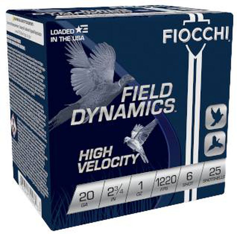 Field Dynamics High Velocity, 20 Gauge, 6 Shot, 2-3/4 in, 1 oz, 1220 fps 20 Gauge Ammo - 25 Shells of #6 Shot Ammunition (20HV6)