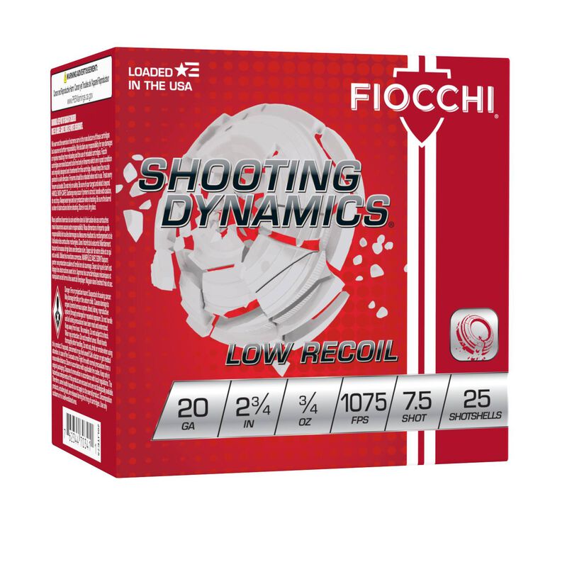 Shooting Dynamics Low Recoil, 20 Gauge, 7.5 Shot, 2-3/4 in, 3/4 oz, 1075 fps 20 Gauge Ammo - 25 Shells of #7.5 Shot Ammunition (20LITE75)
