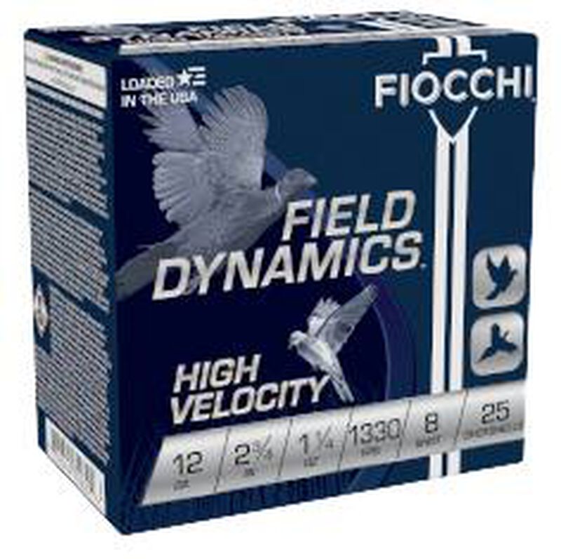 Field Dynamics High Velocity, 12 Gauge, 8 Shot, 2-3/4 in, 1 1/4 oz, 1330 fps 12 Gauge Ammo - 25 Shells of #8 Shot Ammunition (12HV8)